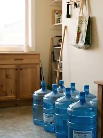 Garrafones de agua guardados en una cocina