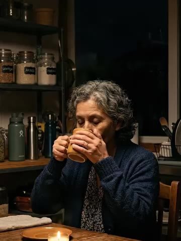 Mujer en su cocina a oscuras, a la luz de una vela